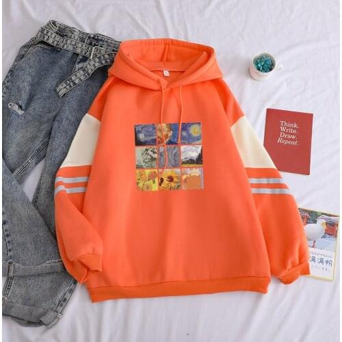 Autumn Winter Fleece Van Gogh Oil Painting Pullover Thick Loose Women Hoodies Hit Hot Oversize Contrast Color Sweatshirt Female