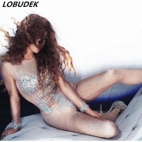 Female Rhinestones Elastic Skinny Jumpsuit Sexy Skin Color Crystals Bodysuit Bar DJ Singer Stage Wear Nightclub Party Costume