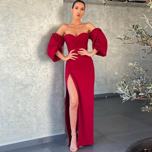Sexy Off Shoulde High Split Evening Dress Lantern Half Sleeve Design Formal Party Dress For Women Floor Length Prom Gowns 2021