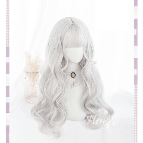 Gray Kawaii Lolita Wig Harajuku 60cm Long Curly Hair Body Wave Chic Girls Women Princess Cosplay Daily Wear