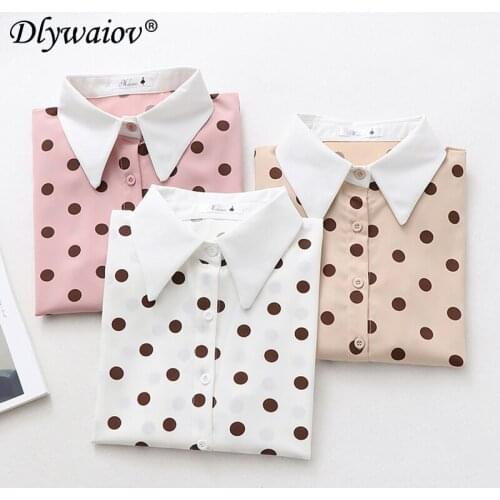 Chiffon Blouse women 2021 Spring New sweet Dots Wild lapel blouse speaker long sleeve shirts Autumn Tops Female casual clothes