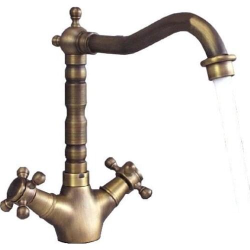 Vintage Retro Antique Brass Double Cross Handle Swivel Spout Kitchen Sink Faucet Mixer Tap Csf090