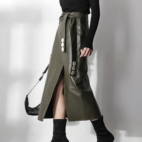 Fashion split design pu leather skirts female college style high waist was thin green color pu leather skirt F1168 factory