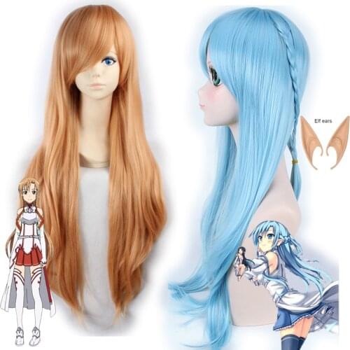 Yuuki Asuna Cosplay Wig Sword Art Online Asuna Elf Ears and Aqua Straight Hair Titania Costume Accessories Free Wig Cap