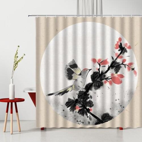 Waterproof Bathroom Curtains Chinese Style Ink Painting Bird Flower Leaf Simplicity Machine Washable Bath Curtains Set With Hook