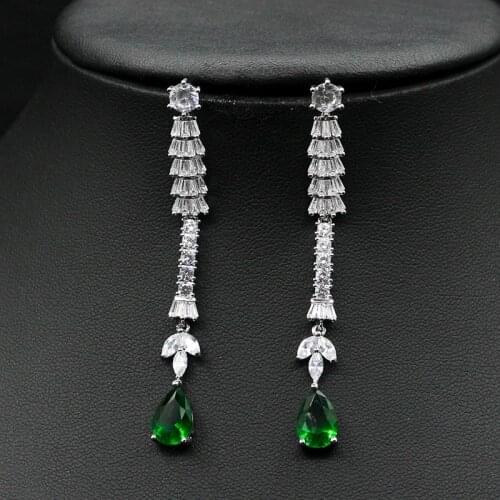 Luxury Big Dangling Long Drop Green Leaves And White Cubic Zirconia Stone Trendy Women Wedding Party Earrings For Gift