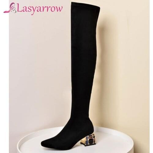Lasyarrow 2021 Winter Over The Knee Boots Women Stretch Fabric Thigh High Sexy Woman Shoes Long Bota Feminina zapatos de mujer