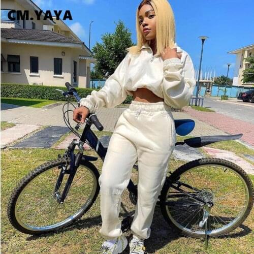 CM.YAYA Women Tracksuit Solid Loose Crop Tops + Pockets Pants Two 2 Piece Sets Sporty Sweatsuit Casual Soft Outfits Autumn 2021