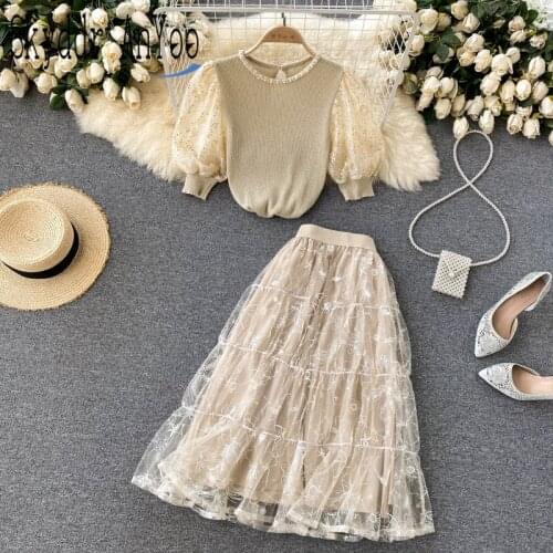 2021 Autumn Two Piece Set Womens Suits With Skirt Puff Sleeve Knitted Tops And High-Waisted Midi Skirt Sets Woman Clothes