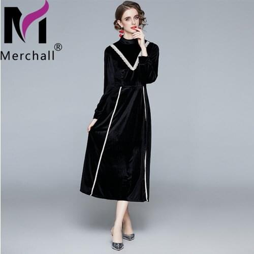Merchall 2021 Elegant Vintage Velvet O Neck Party Dress Female Office Ladies Long Sleeve Autumn Woman Clothing Vestidos M68623