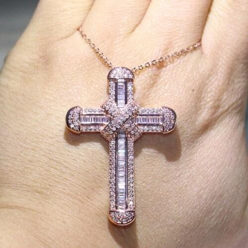 Classical New Sparkling Luxury Jewelry Unique 925 Sterling Silver&Rose Gold Fill Cross Pendant 5A CZ Women Bridal Necklace Gift
