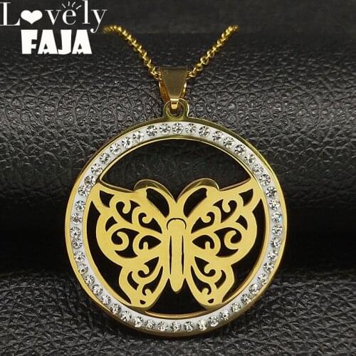 Butterfly Stainless Steel Crystal Necklaces for Women Gold Color Necklaces & Pendants Jewelry kettingen voor vrouwen N18559