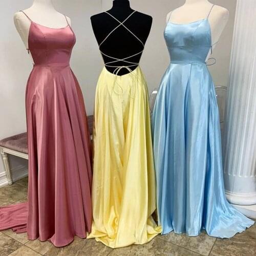 Simple Prom Dress 2020 A Line Spaghetti Neck Long Split Pageant Gowns Lace Up Back Sleeveless Formal Party Wear