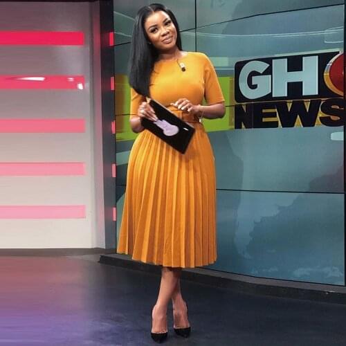 Women High Waist Fit and Flare Pleated Dress Vintage Round Neck Short Sleeve Draped Dresses Office Lady Solid One Piece Dresses