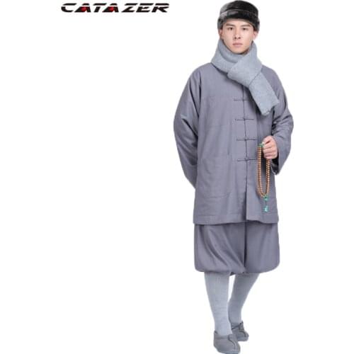 Winter Buddhist Monk Warm Cotton Wool Robe Uniforms Zen Abbot Meditation Lay Coat Martial Art Suits