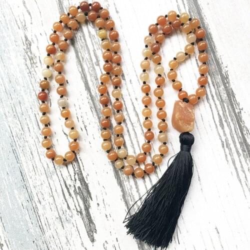 108 Prayer Beads Mala Necklace 8mm Red Aventurine Knotted Boho Jewelry Raw Rough Stone Pendant Tassel Necklace For Women Femme