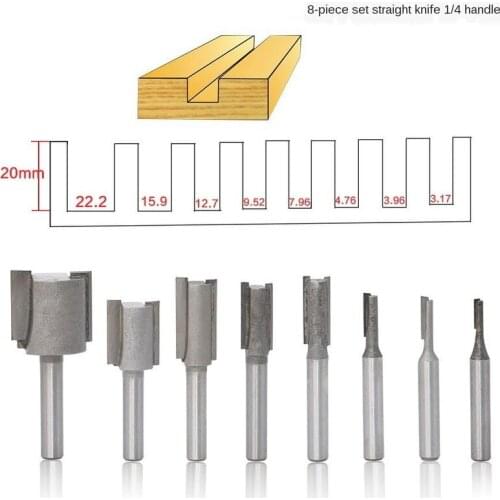 8Pcs/Set 1/4" Shank Milling Cutter Tungsten Carbide Double-edged slotted straight knife carving machine knife head Hand Machine