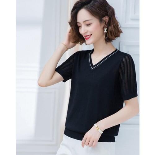 AOSSVIAO Knitted Jumper Summer Tops V-Neck Pullovers Casual Sweaters Women Hollow out Short sleeve Short Slim Sweater Girls