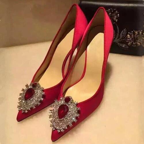 Shine water droplets diamond silk party shoes women crystal flower enthnic pumps pointed toe thin high heels pink princess shoes