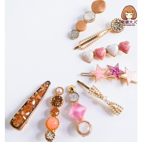 Bohemian Ethnic Style Gem Hairpin Clip Rhinestone Duckbill Clip Pink Headdress Alloy Womens Hair Accessories