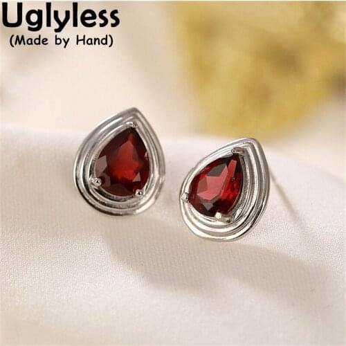 Uglyless Elegant Water Drop Garnet Studs Earrings for Women Fashion Party Dress Brincos Glossy Silver Jewelry 925 Silver Earring
