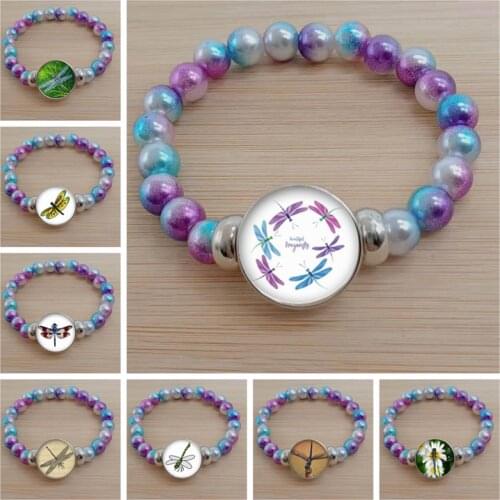 Beautiful dragonfly cabochon glass bracelet, cute insect glass dome colorful bead bracelet, gifts for women and children