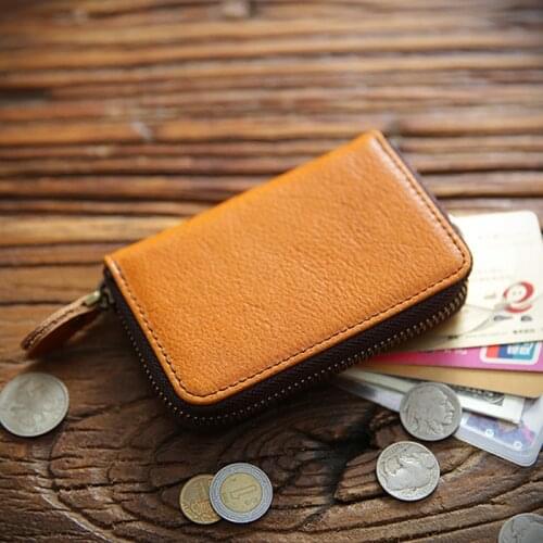 Genuine Leather Credit Card Holder Men Women Vintage Short Zipper Accordion Business ID Card Case Organizer Small Wallet Purse