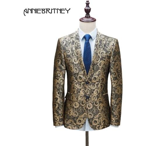 2018 New Brand Black Gold Pattern Men Suit Slim Fit Floral Satge Performance Style Blazer Show Prom Jacket+Pant 2 Piece Terno