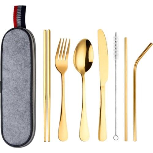 Travel Dinnerware Set Portable Cutlery Camping Dinner Sets Stainless Steel Tableware Rainbow With Straw Kit Brush Chopstick Bag
