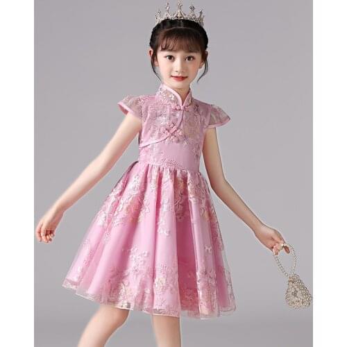 Chinese style stand-up collar button short-sleeved embroidered dress girl wedding party dress birthday costume for 3 to 12 years