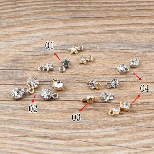 50PCS/Lot Silver Gold Color Charms Star Round Heart Shape With Rhinestone Charm Pendants For Jewelry Handmade