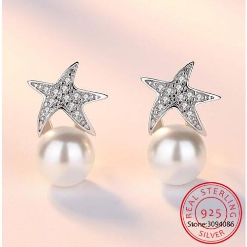 925 Sterling Silver Stud Earrings High Quality Woman Fine Jewelry Retro Simple Starfish Pearl Crystal Zirconia Earrings