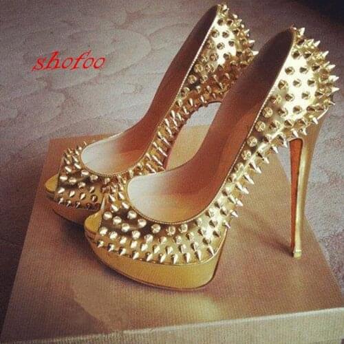 SHOFOO shoes.Elegant fashion womens shoes,, gold leather, rivet decoration, peep toe pumps.SIZE:34-45