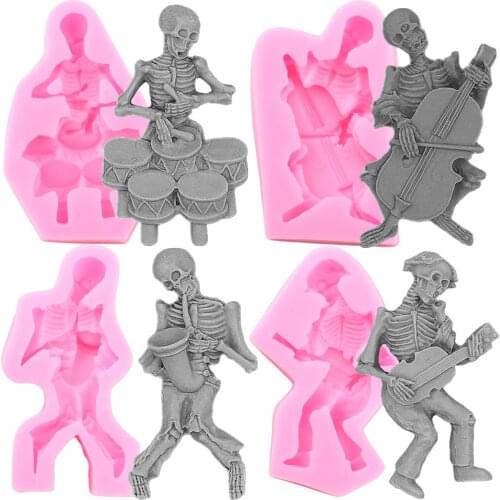 3D Skeleton Skull Silicone Molds Musical Instrument Halloween Fondant Cake Decorating Tools Chocolate Candy Clay Soap Moulds