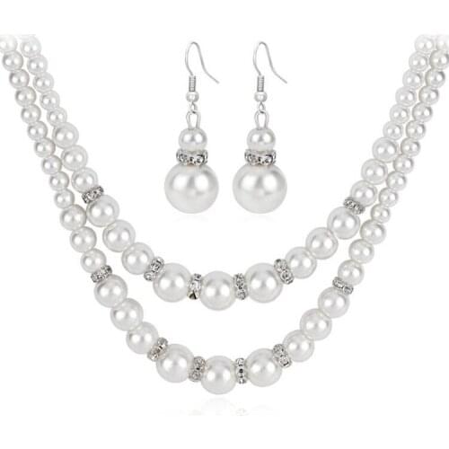 European And American Fashion Classic Bride Imitation Pearl Crystal Party Gift Double Pearl Temperament Necklace Jewelry Sets