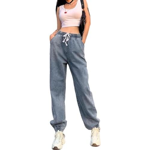 2021 Fashion Baggy Blue Jeans Women Denim Pants Drawstring High Waist Loose Casual Harem Pants Cargo Trousers Streetwear