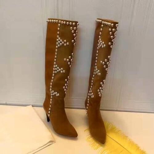 Womens Shoes Paris Lyork Boots Silver-tone Studs Pointed Toe Heel 10.5 Cm Brown Knee Boots