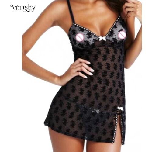 Women Sexy Lingerie Sleepwear See Through Chiffon Lace Dress Push Up Padded Bra Sexy Underwear Babydoll Lingerie Sleepwear