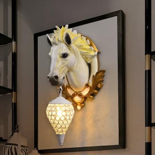 American Retro Resin Wall Lamp Living Room Horse Head Wall Light Home Decoration Bedroom Bedside Lamp Corridor Aisle Wall Sconce