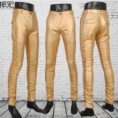 Gold silver motorcycle faux leather pants mens feet pants fashion Glossy pu trousers for men personality pantalon homme