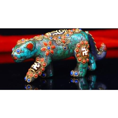 Home Decor 6" Tibet Buddhism Old Bronze Filigree mosaic Gem Dzi Bead Leopard statue Town House Exorcism Ward off evil spirits