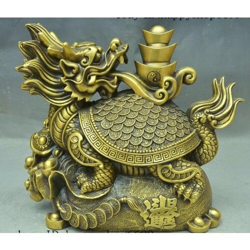 Chinese Pure Bronze Copper Feng Shui Animal Wealth YuanBao Dragon Turtle Statue