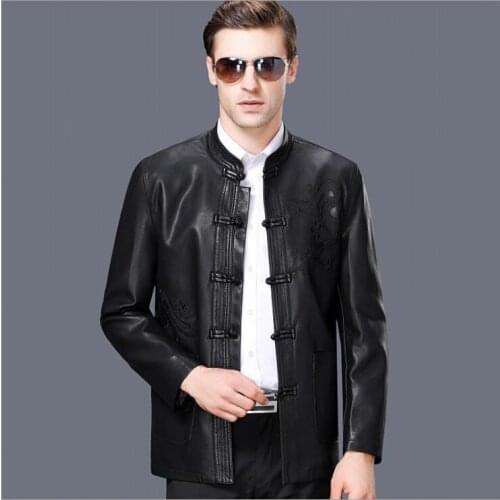 Tang suits mens leather jacket slim motorcycle coat men jackets Middle-aged clothes Embroidered dragon jaqueta de couro black