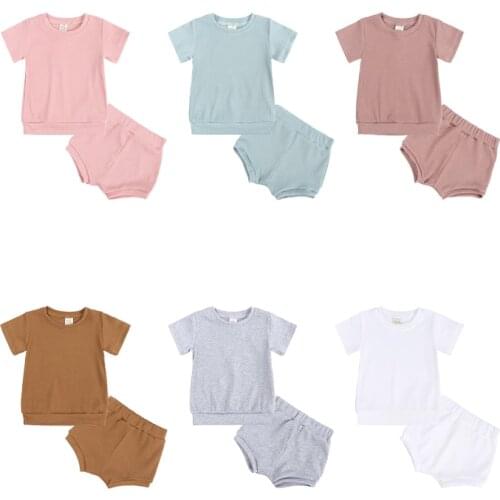 Summer Kids Baby Girls Clothes Casual Solid Color Boys Childrens Clothing Sets Ribbed T-Shirts+ Pants 2 Pieces Short For Girls