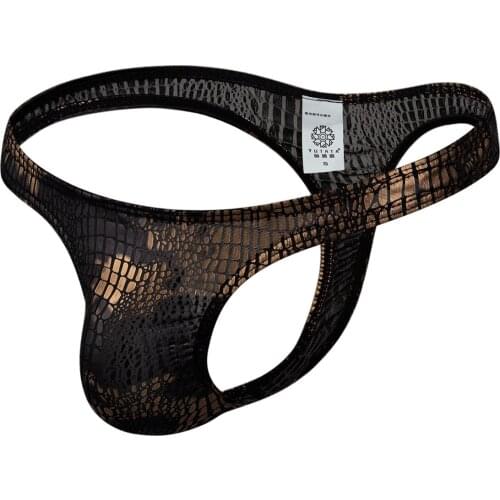 2020 Brand Gay Men Underwear Thong Mens Imitation Leather Snake Skin Panties Sexy Men Erotic Penis Mens Homme String Thongs