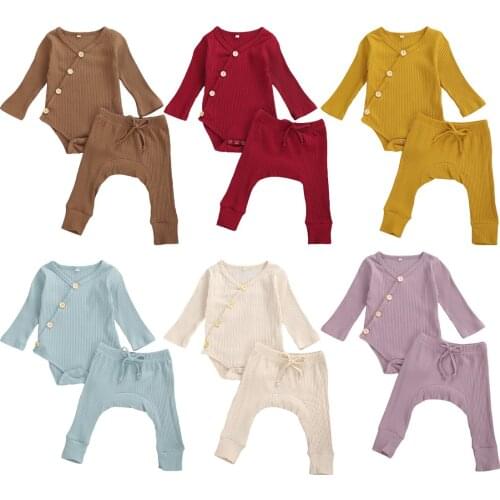 2020 Autumn Newborn Baby Girls Boys 2PCS Clothing Set Toddler Solid Color O-neck Long Sleeve Single-breasted Romper+ Pants 0-18M