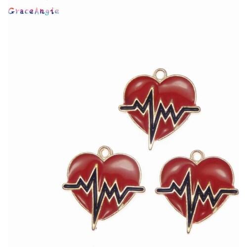 GraceAngie 20pcs/lot Cute Heart ECG Pendant Enamel Jewelry Findings Alloy Red Heart Charms Medical For Bracelet Necklace Making
