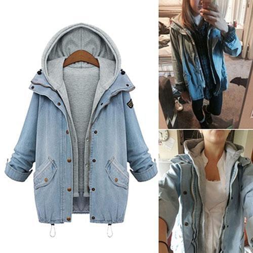 Women Casual Two Piece Set Denim Jacket Hooded Vest Oversized Coat Outwear