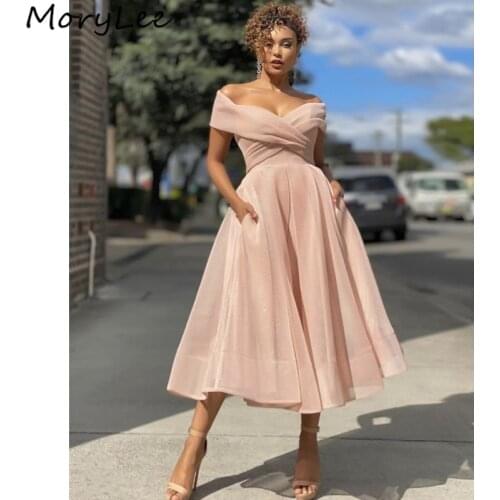 Sexy Prom Dresses 2021 New Off The Shoulder Short Organza Pleated Prom Dresses With Zipper Back vestidos de fiesta de noche