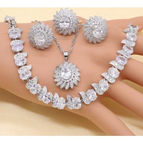 Wedding Jewelry Sets For Women White Imitated Emerald Crystal White Zirconia Silver color Necklace Pendant Earring Ring Bracelet